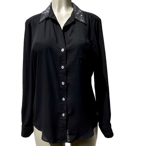 Karen Kane Buttons Up Long Sleeve Blouse Women's Medium Studded Collar Black - Picture 1 of 13